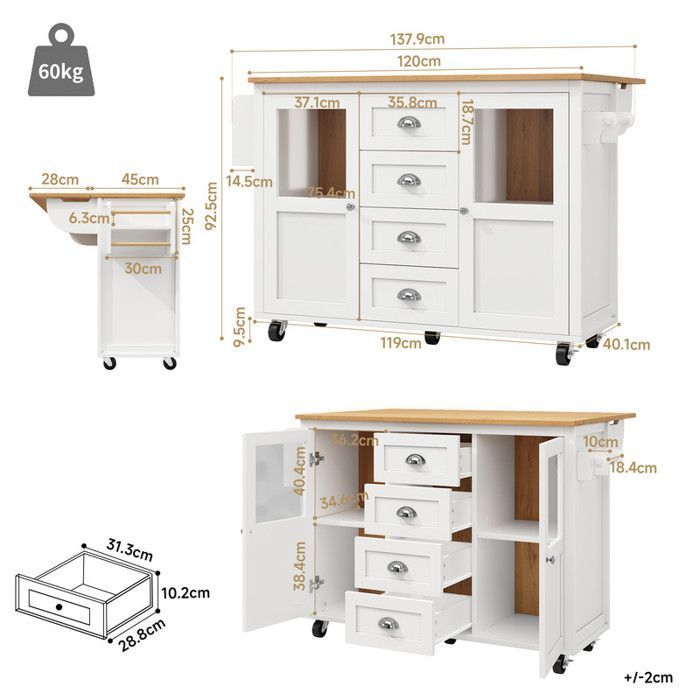 Îlot de cuisine - Blanc/Noir - Extensible - Roulettes - Porte-serviettes - Étagères réglables