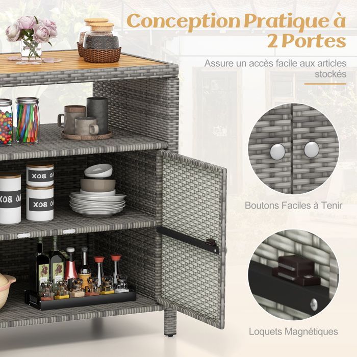 COSTWAY Coffre de Rangement en Rotin avec Plateau en Acacia, 2 Portes, Armoire de Jardin en Osier pour Piscine Terrasse Patio, Gris