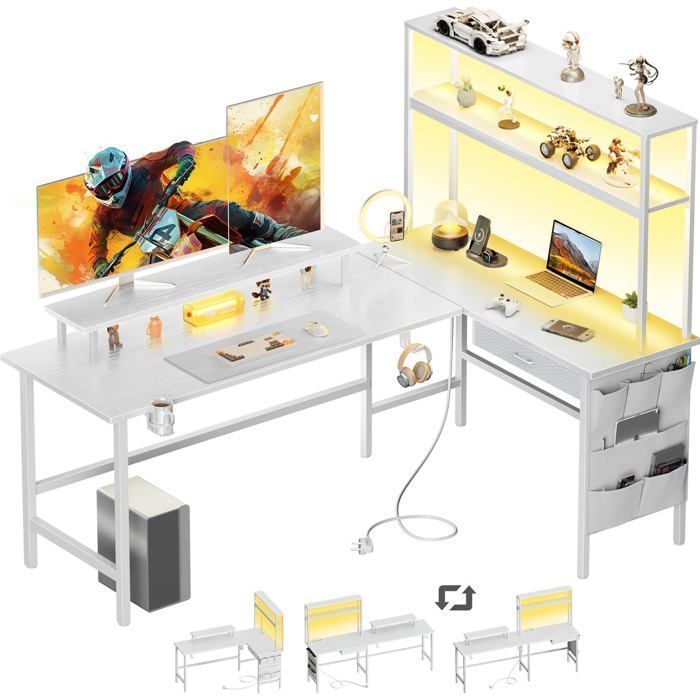 HLONONE, L-vormig hoekbureau van 150 x 100 cm met ledverlichting, geïntegreerd stopcontact en USB-poort, lade en opbergtas, wit