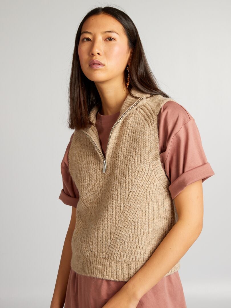 Mouwloze coltrui met ritssluiting - BEIGE