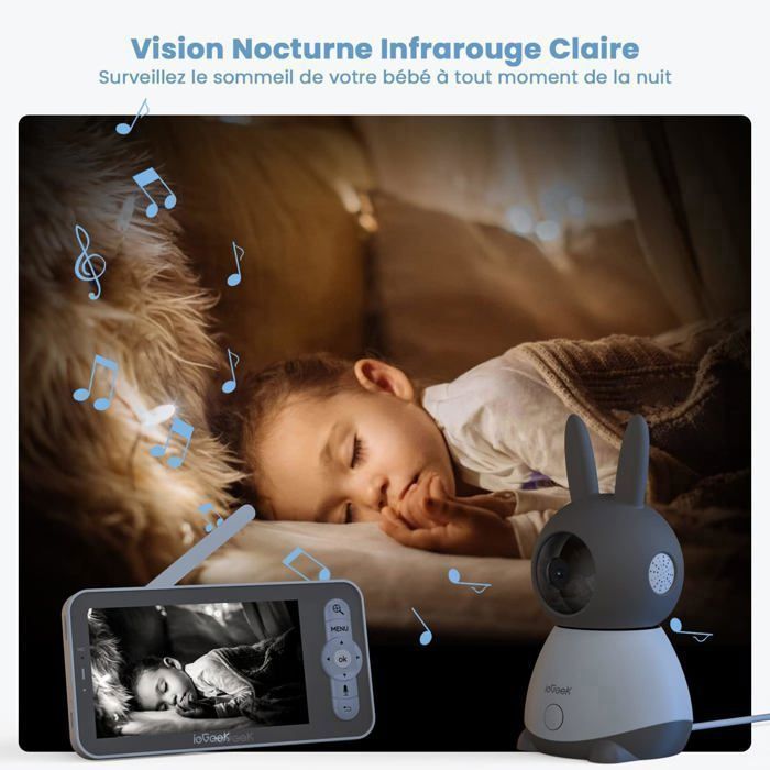 Babyphone Caméra Bébé 2K 5'' PTZ 360° | Visiophone Connecté Smartphone | Alertes Intelligentes Vision Nocturne | Carte 64Go Incluse