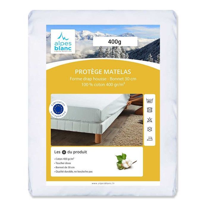 ALPES BLANC - Protector de colchón 140x190 cm - 100% algodón 400 g/m² - Suave y transpirable - Bolsillos de 30 cm de profundidad para un ajuste perfecto