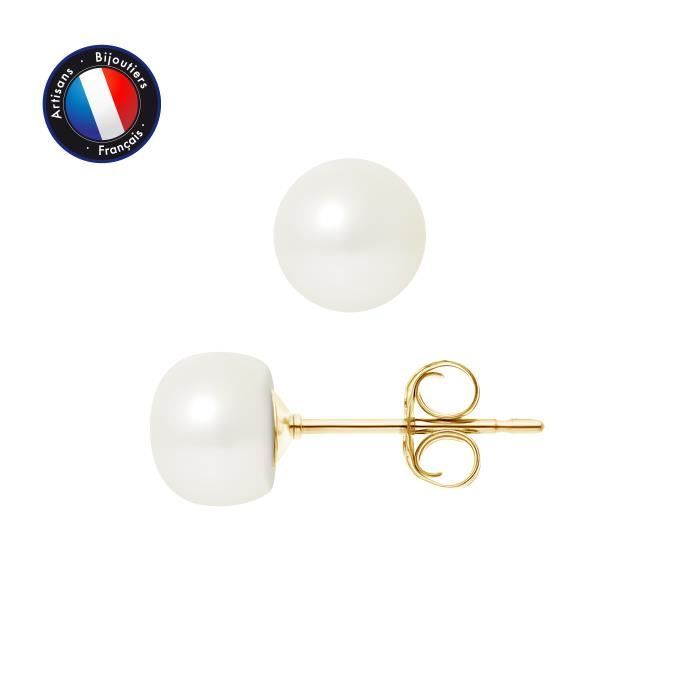 Boucles d'Oreilles - PERLINEA - Véritables Perles de Culture - 7-8 mm - Or Jaune - Femme