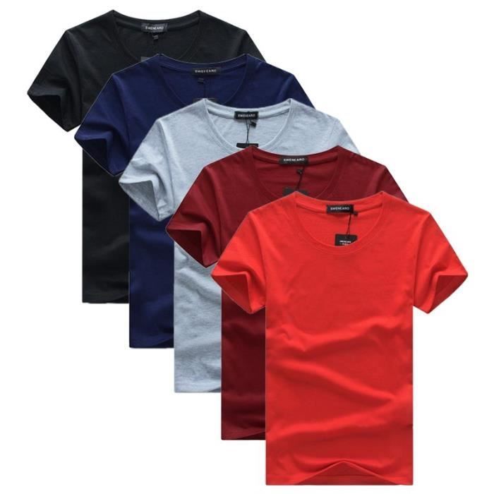 Pack of 5 Men's Short Sleeve Crew Neck T-Shirts, Straight Cut, Solid Colors - Black/Blue/Grey/Burgundy/Red