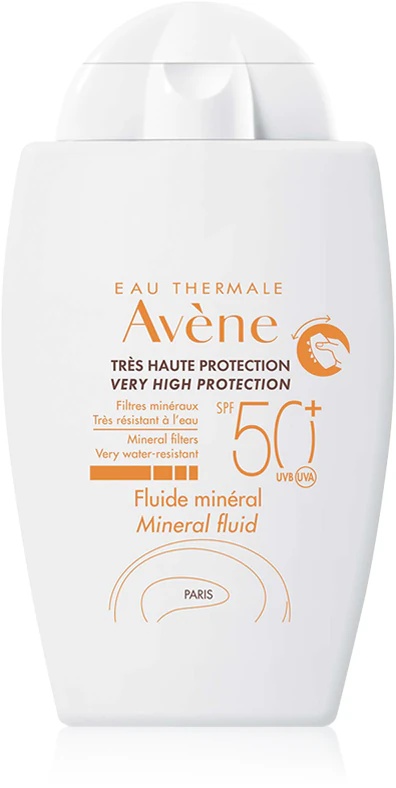 „Avène Sun Mineral Fluid“ apsauginis skystis be cheminių filtrų SPF 50+