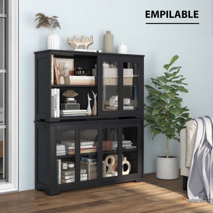 COSTWAY Buffet de Cuisine Meuble Commode Rangement Cuisine L106,5 cm – MDF Noir 2 Etagères avec 2 Porte Coulissantes en Verre