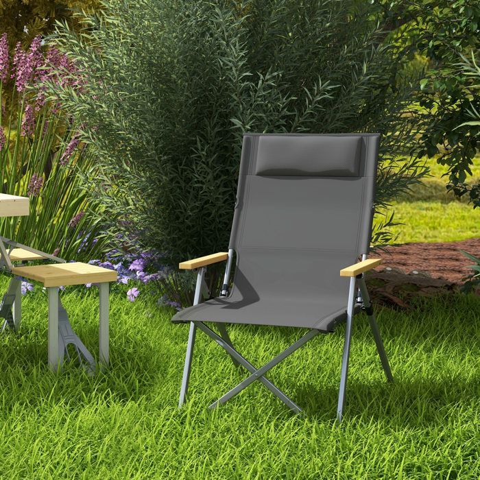 Sedia da campeggio - Outsunny - pieghevole e portatile - schienale regolabile, poggiatesta imbottito, tasca - 74 x 59,5 x 98 cm - grigio scuro