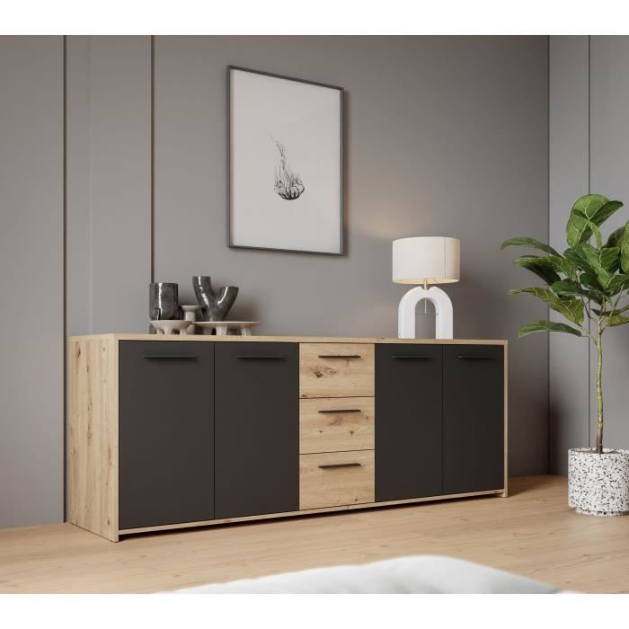 Aparador PILVI - Estilo contemporáneo - Tablero de partículas de melamina - Acabado en roble artesanal y negro - 4 puertas + 3 cajones - Ancho 179,2 x Profundidad 42 x Alto 74,5