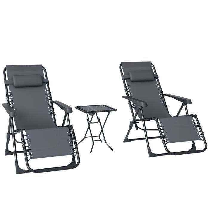 Lot de 2 chaise longue pliable et inclinable avec table d'appoint - Outsunny - porte-gobelets et appuie-têtes - charge 120 kg - gris