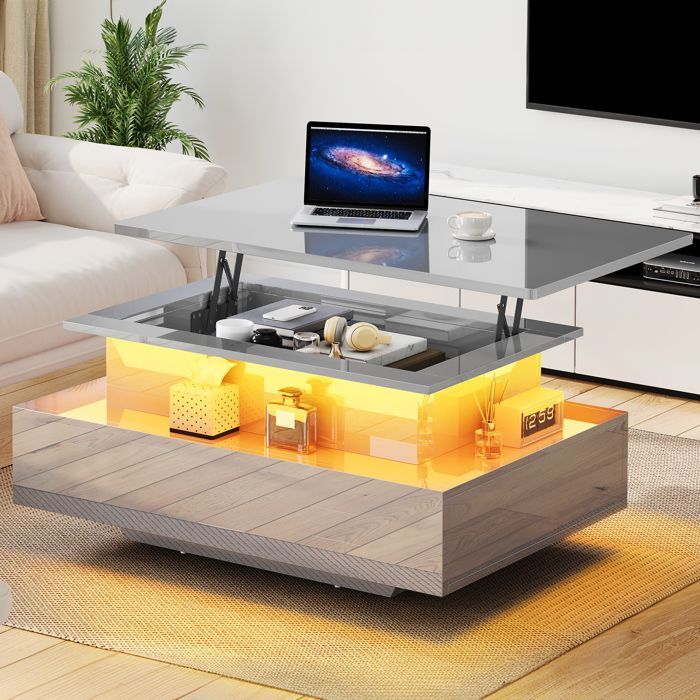 Balconera High-gloss lacquered coffee table with LED strip and 2 drawers, 85 cm (W) x 55 cm (D) x 41 cm (H), grey