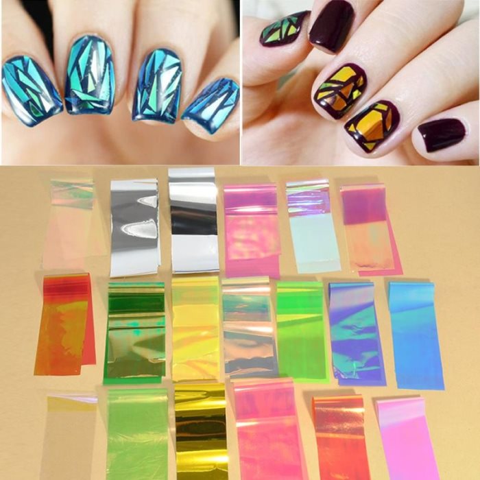 Lot de 20 stickers holographiques pour ongles en verre, effet papier métal étoilé, décoration pour salon de manucure.