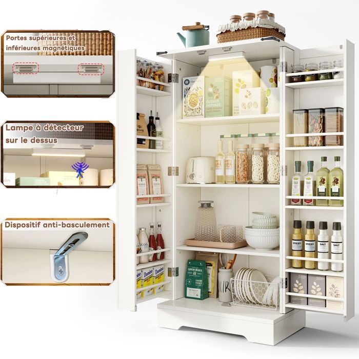 Buffet de Cuisine avec Éclairage LED Intégré - Meuble Armoire Haut 128cm pour Petit Espace - 2 Portes et 10 Étages Réglables