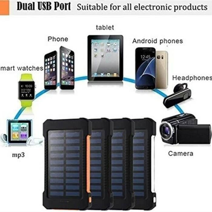 Bateria solar portátil Kaide® 50000mAh - Laranja - 2 portas USB - Luz LED à prova d'água