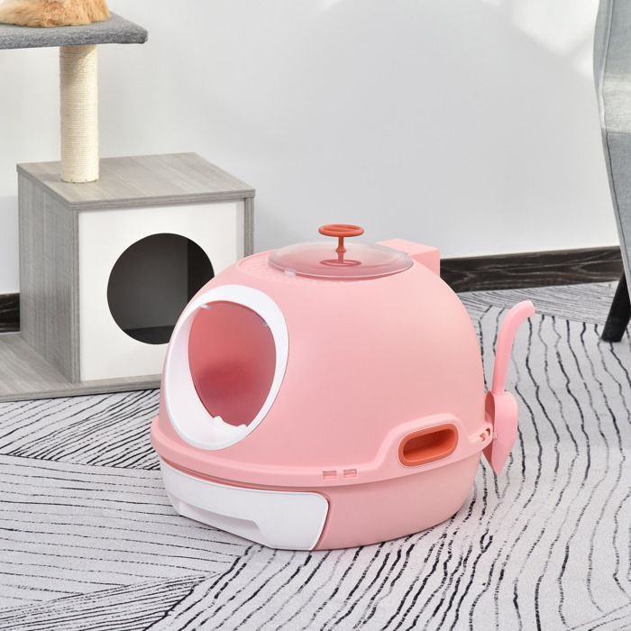 Katzentoilette – Katzenklo-Häuschen – PawHut – tragbare Schublade mit Schwingtür und Schaufel – Kunststoff – rosa