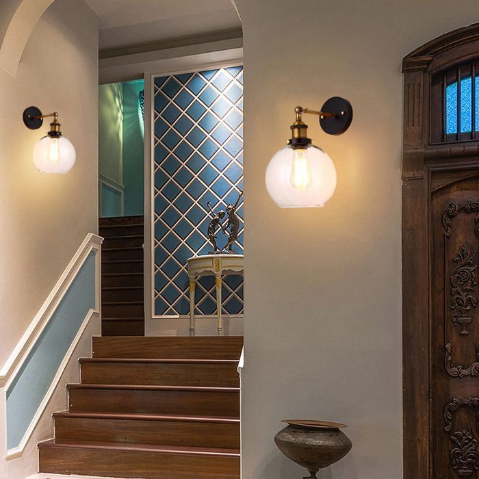 Diday, set da 2 applique industriali in vetro, lampada da parete vintage E27 con paralume rotondo in stile Edison, luce da parete regolabile a 180°