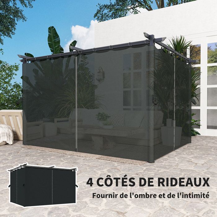 Pérgola retráctil Outsunny de 4 x 3 m con cortina y techo corredizo - Aluminio, metal, poliéster de 180 g/m² - Gris oscuro