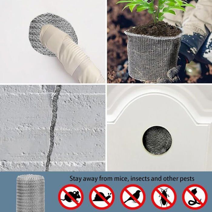Barrera contra roedores, relleno de acero inoxidable para agujeros en grietas de pared, rollo de malla metálica con etiqueta.