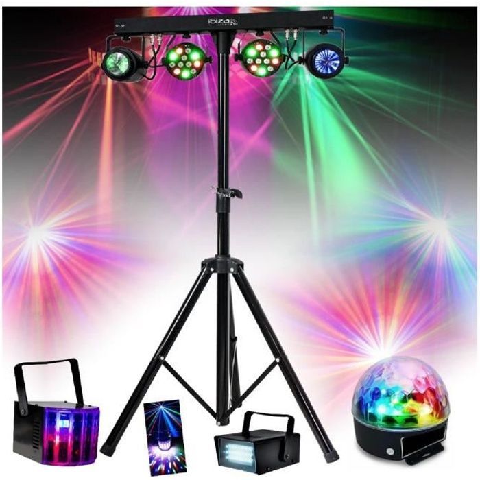 Pack Lumière Ibiza DJLIGHT60 - 7 Jeux de Lumière Projecteurs - Moonflower - Astro - Pied Support - Soirée - DJ Mobile
