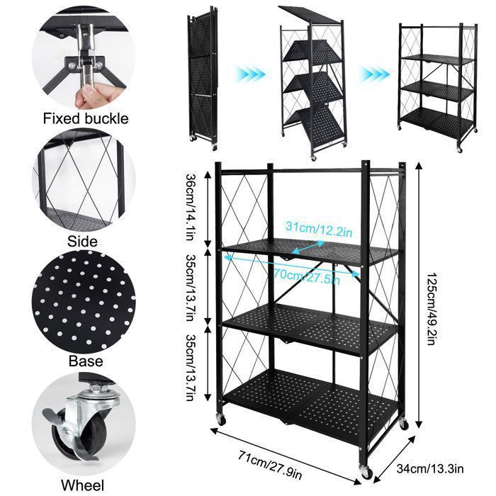Folding storage unit - 4 shelves - Black metal - 4 lockable casters - 272 kg capacity