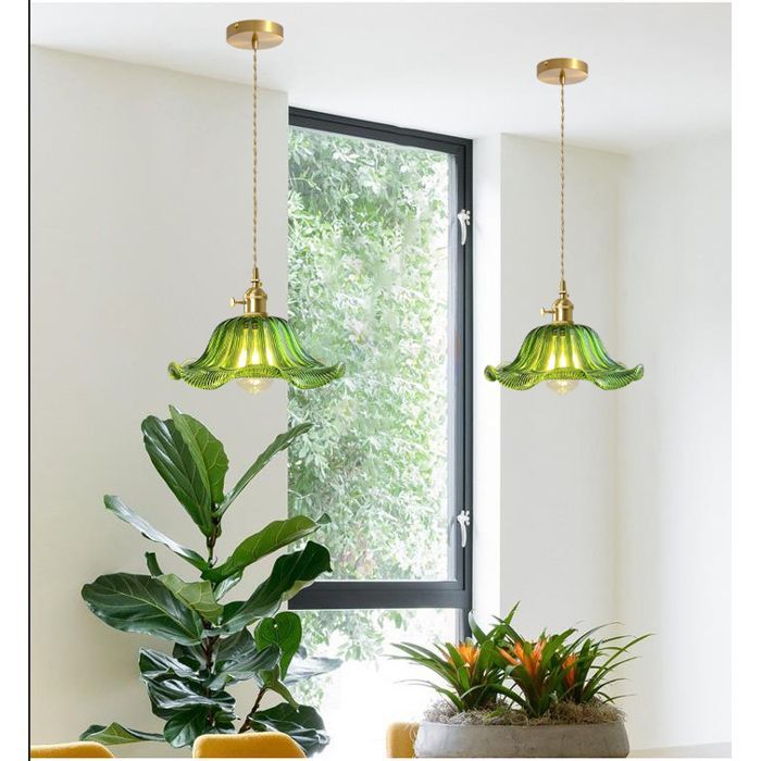 iDEGU Suspension Luminaire Vintage,25cm Lampe de Plafond Industriel Abat-jour en Verre Design Fleur Lustre Style Edison,Vert