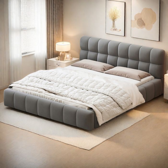 Cama de casal 140x190 cm - Tecido de linho - Estrado incluído - Design contemporâneo - 2 lugares - Cinza