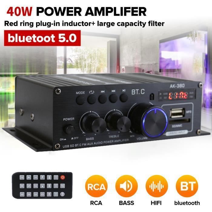 Mini amplificador HiFi de 40 W, 220 V, 12 V, Bluetooth 5.0, estéreo, para subwoofer de coche, FM, RCA y USB.