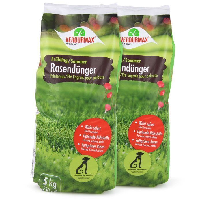 Verdurmax 2 x 5 kg d'engrais pour gazon Printemps & Été – Engrais à libération prolongée avec azote pour 500 m² de gazon vert