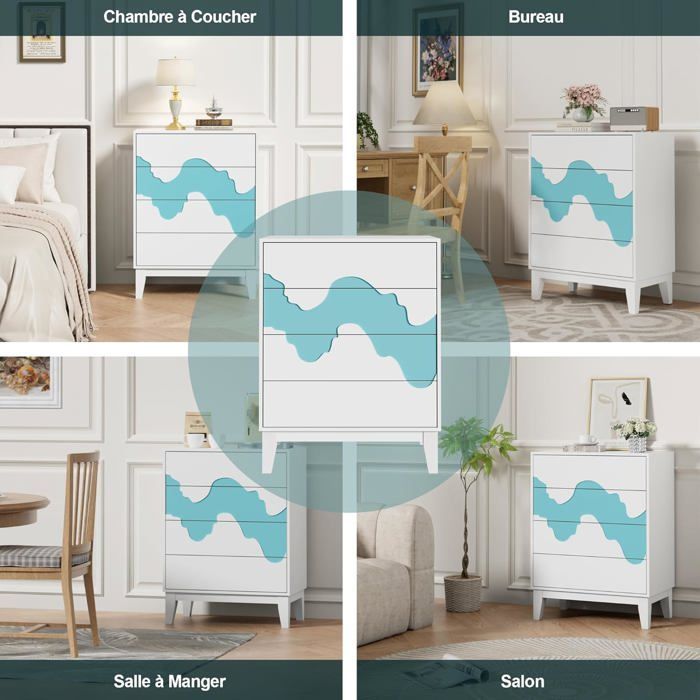 GOOBUY 4-Drawer Chest of Drawers, 60cm, Storage Cabinet, Large Storage Space, Irregular Wave Pattern, 60 x 35 x 82 cm, White
