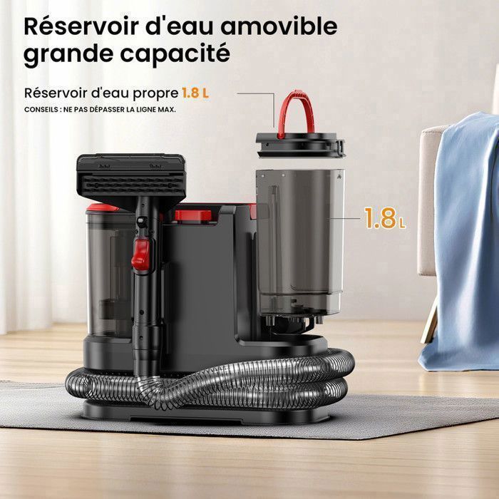 Tragbarer Fleckenentferner – 800 W/17 kPa/1,5 m Schlauch – 5 m Netzkabel – 1,8 l/1,3 l Tank – Polsterreiniger für Sofas