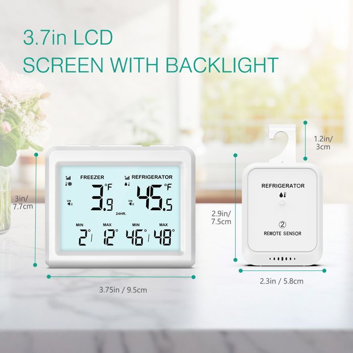 Thermomètre de Frigo Congélateur, Thermomètre de Réfrigérateur Sans Fil avec 2 Capteurs, Alarme Sonore, Min/Max
