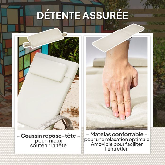 Transat - Outsunny - inclinaison réglable multipositions - matelas, têtière, accoudoirs, roulettes -  résine tressée PE - gris clair
