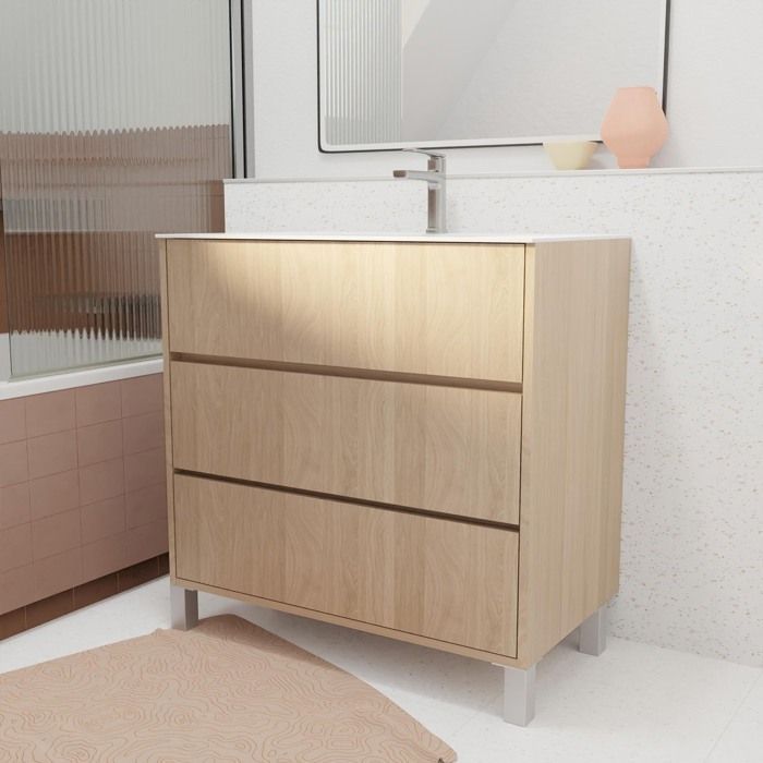 Mueble de baño XENOS de 80 cm en roble claro con 3 cajones y lavabo de cerámica.