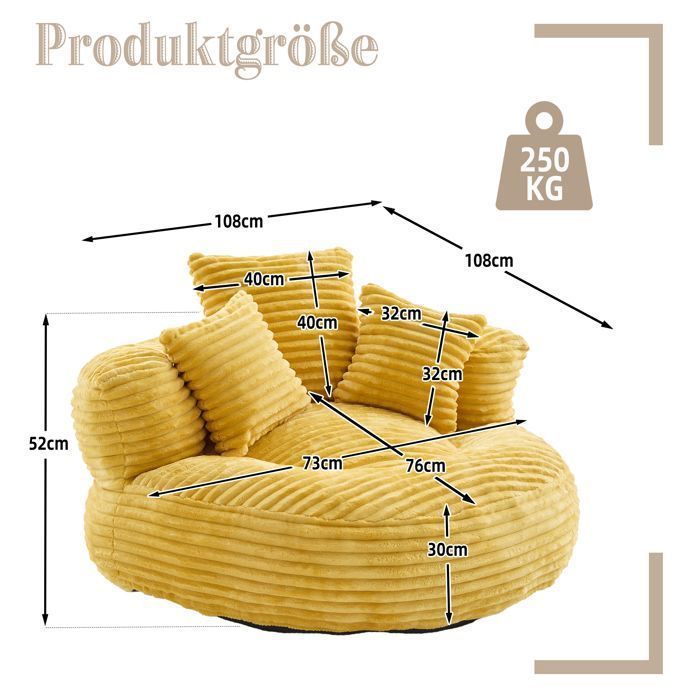 Comoda poltrona a sacco con tre cuscini, 108 x 108 x 52 cm. Divano relax per soggiorno e camera da letto. Poltrona in velluto a coste. Colore giallo.