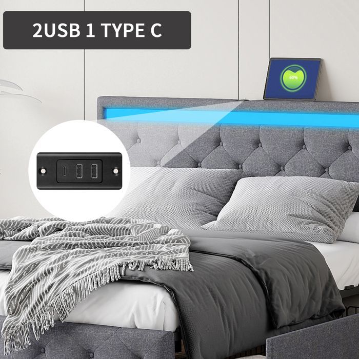Letto matrimoniale 180 x 200 cm, letto per adulti 180x200 cm con 4 cassetti, con porta USB e illuminazione a LED, struttura letto, con testiera, grigio scuro, tessuto