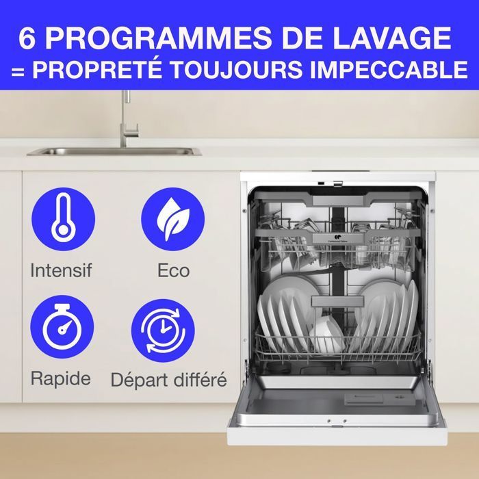 Lave-vaisselle pose-libre - CONTINENTAL EDISON - CELV1544IWP - 15 couverts - Inverter - 60 cm - 42 dB - Blanc
