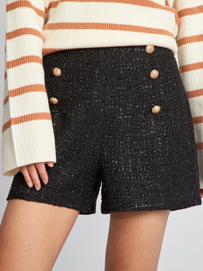 Tweed shorts met knoopjes - zwart