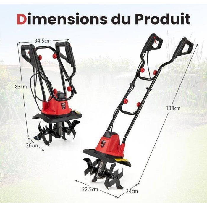 Motoculteur Electrique Filaire - RELAX4LIFE - 750W - 4 Lames - Profondeur de Travail 22CM - Largeur de 32CM - Guidon Pliant - Rouge
