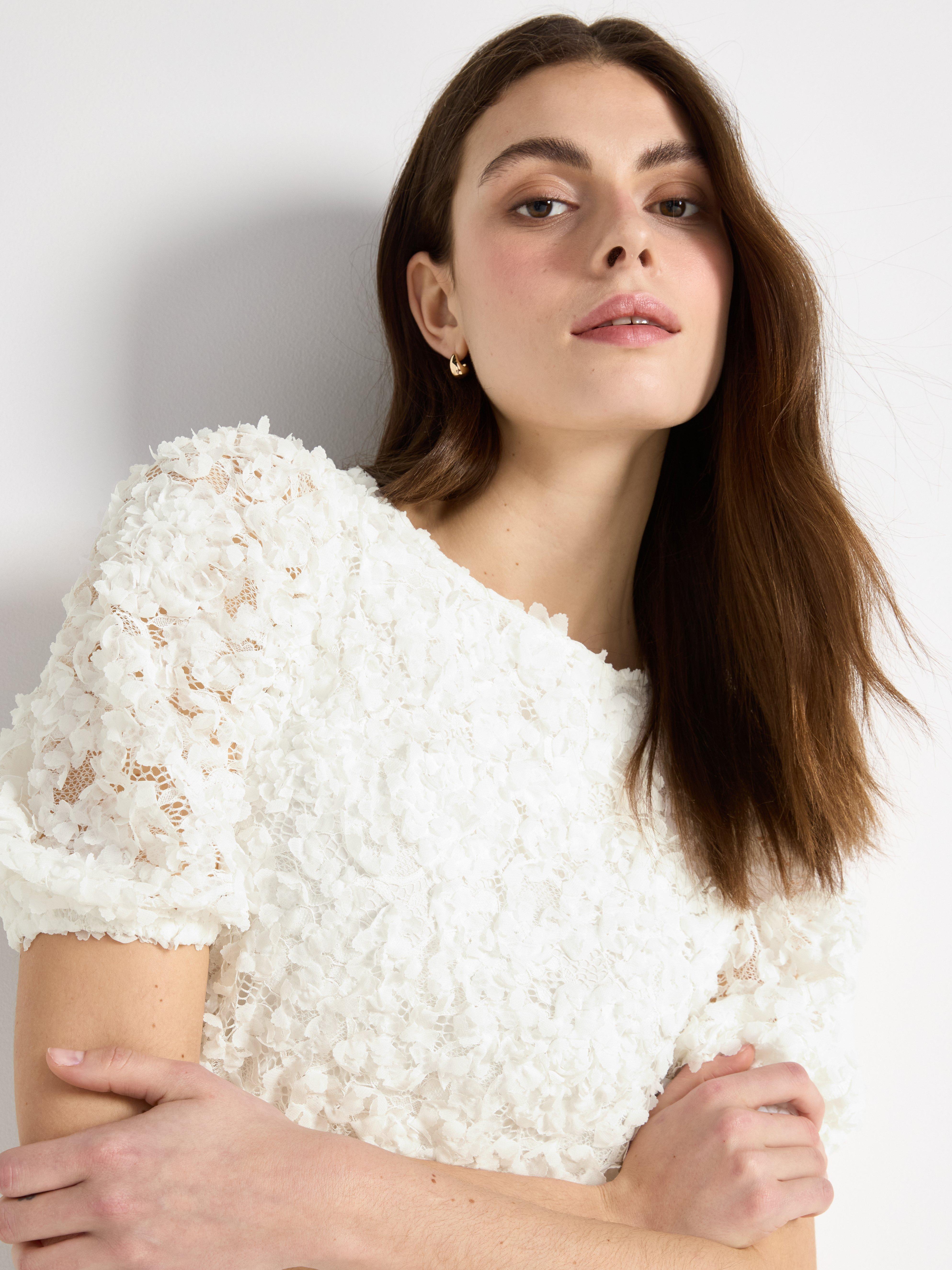 Vestido de renda com flores Off White