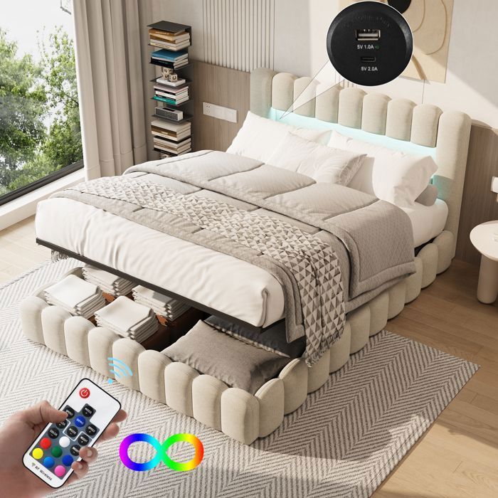 Cama doble con espacio de almacenamiento de 160 x 200 cm, tapizada con puerto USB e iluminación LED, estructura para 2 personas, somier de láminas, lino, color beige.