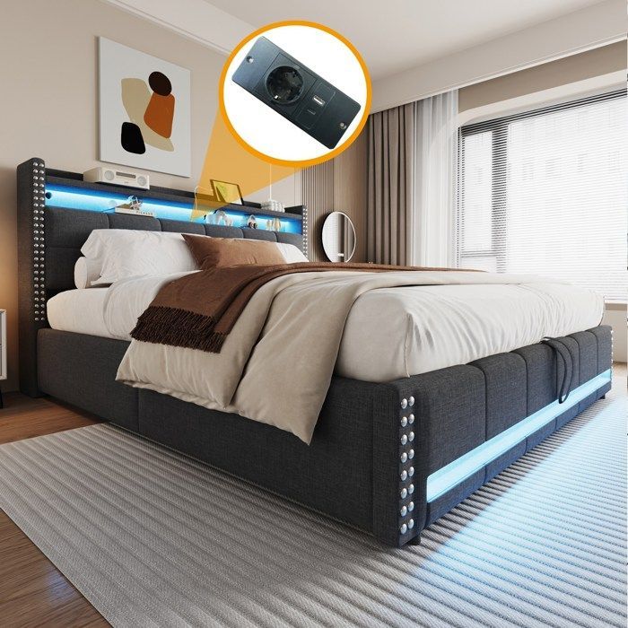 Cama tapizada de 180 x 200 cm. Cama doble con espacio de almacenamiento, iluminación LED y puerto USB, cabecero con estantes y sistema hidráulico. Color gris.