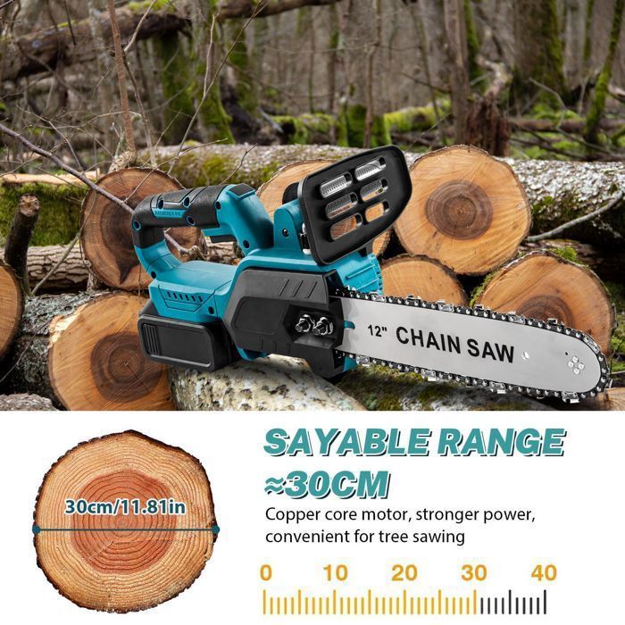 Tronçonneuse - Scie à Chaîne Sans Fil 12 Pouces - 1500W - Compatible Batterie Makita - Coupe 30cm - Autonomie 40min