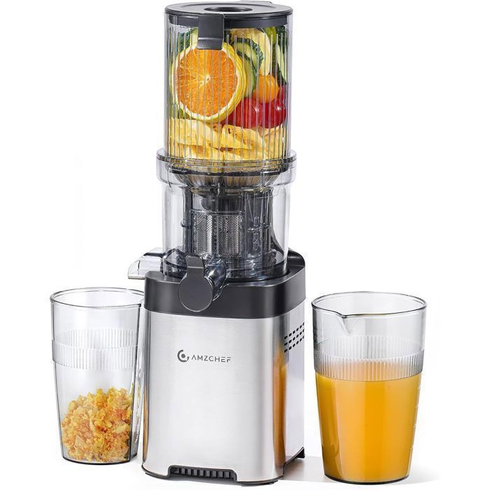 AMZCHEF 113mm Extrator de Suco de Frutas e Vegetais - Extrator de Suco de Frutas Inteiras - Extrator de Suco Lento - Prata