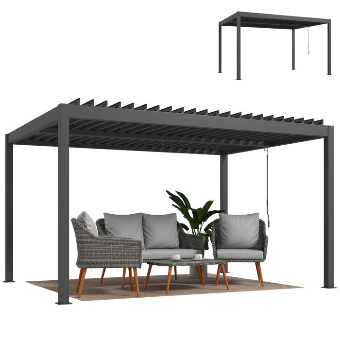 Pérgola bioclimática Outsunny - lamas ajustables, manivela - protección solar, impermeable - aluminio - 4x3m - gris oscuro