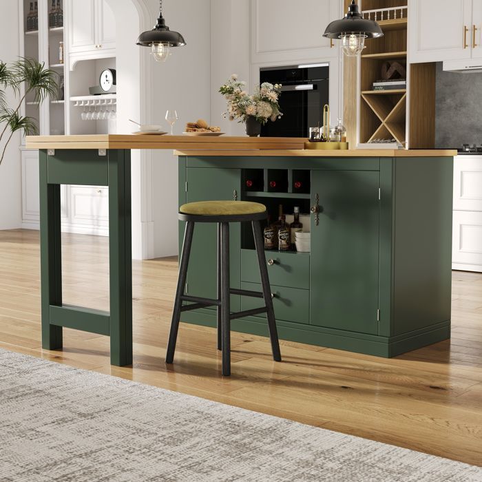 Îlot de Cuisine Extensible 120-180 cm avec Rangement et Porte-Bouteilles, Table de Repas Pivotante 360°, Table Haute, Vert
