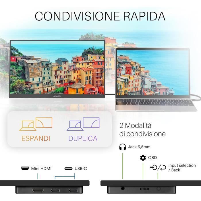 Moniteur portable 16 pouces - ATLANTIS - 1080P Full HD - HDMI/TypeC - Écran IPS - Haut-parleurs intégrés