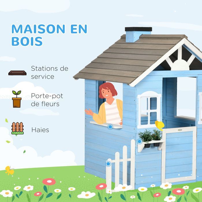 Outsunny - Speelhuisje voor kinderen - Vurenhout - 151x112,5x142cm - Blauw