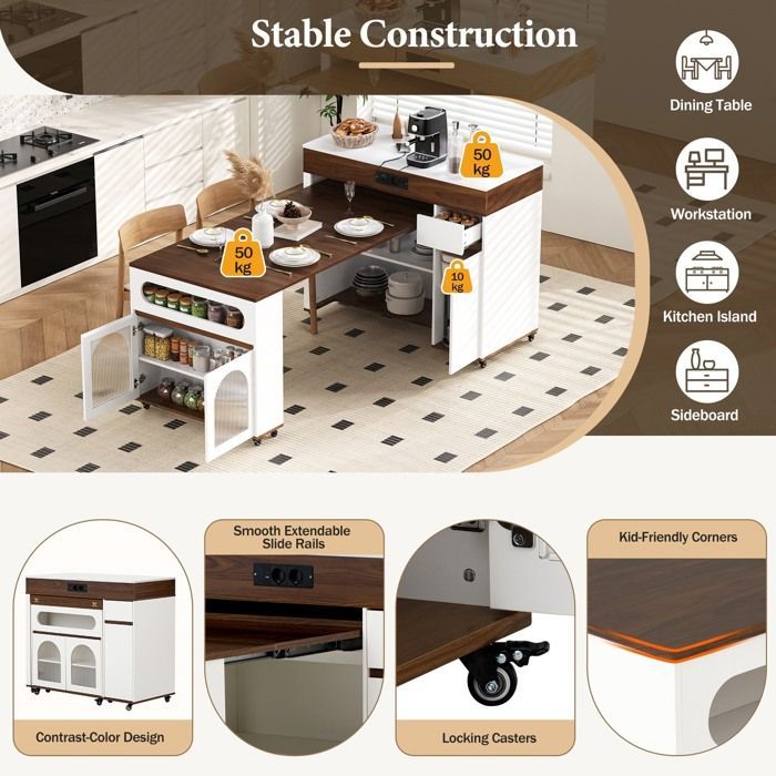 Keukeneiland op wielen, uitschuifbare eettafel met stopcontacten, blad van geribbeld glas, dressoir met één lade, wit en walnoot