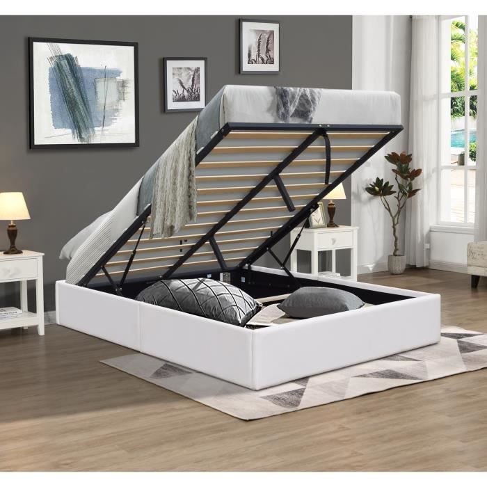 Cama con almacenamiento - LORIS - 120x190 cm - Blanca - Diseño contemporáneo - Base de láminas incluida
