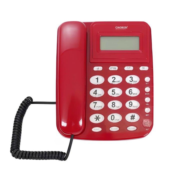 Telefono fisso multifunzione con filo, schermo LCD, richiamata automatica e sveglia (rosso)