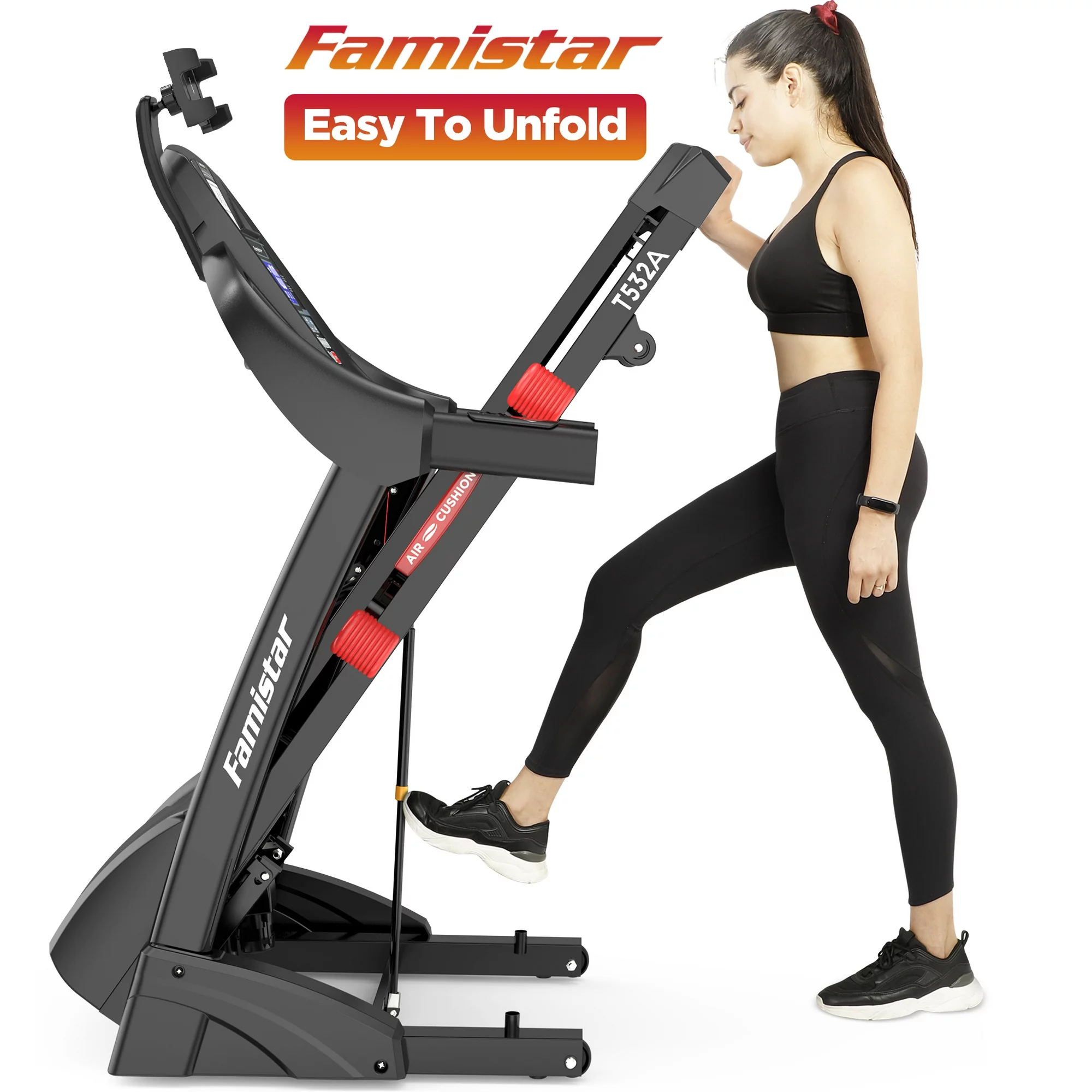 Tapis de course pliable Famistar en liquidation pour la maison, avec 15 niveaux d'inclinaison automatique, capacité de 136 kg, vitesse maximale de 16 km/h, portable, 4,5 CV, sangle de genou offerte